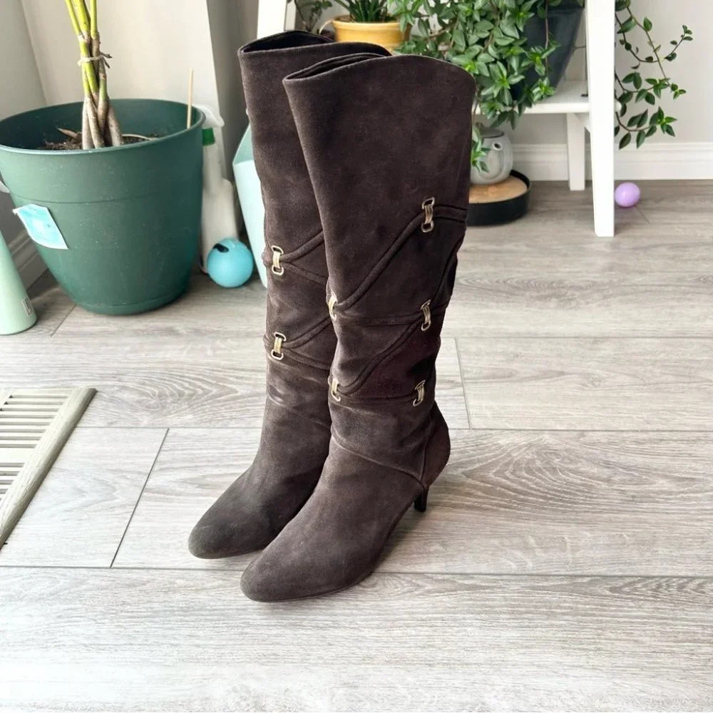 Arnold Churgin Handmade Brown Suede Slouch Knee High Tall Heeled Boots